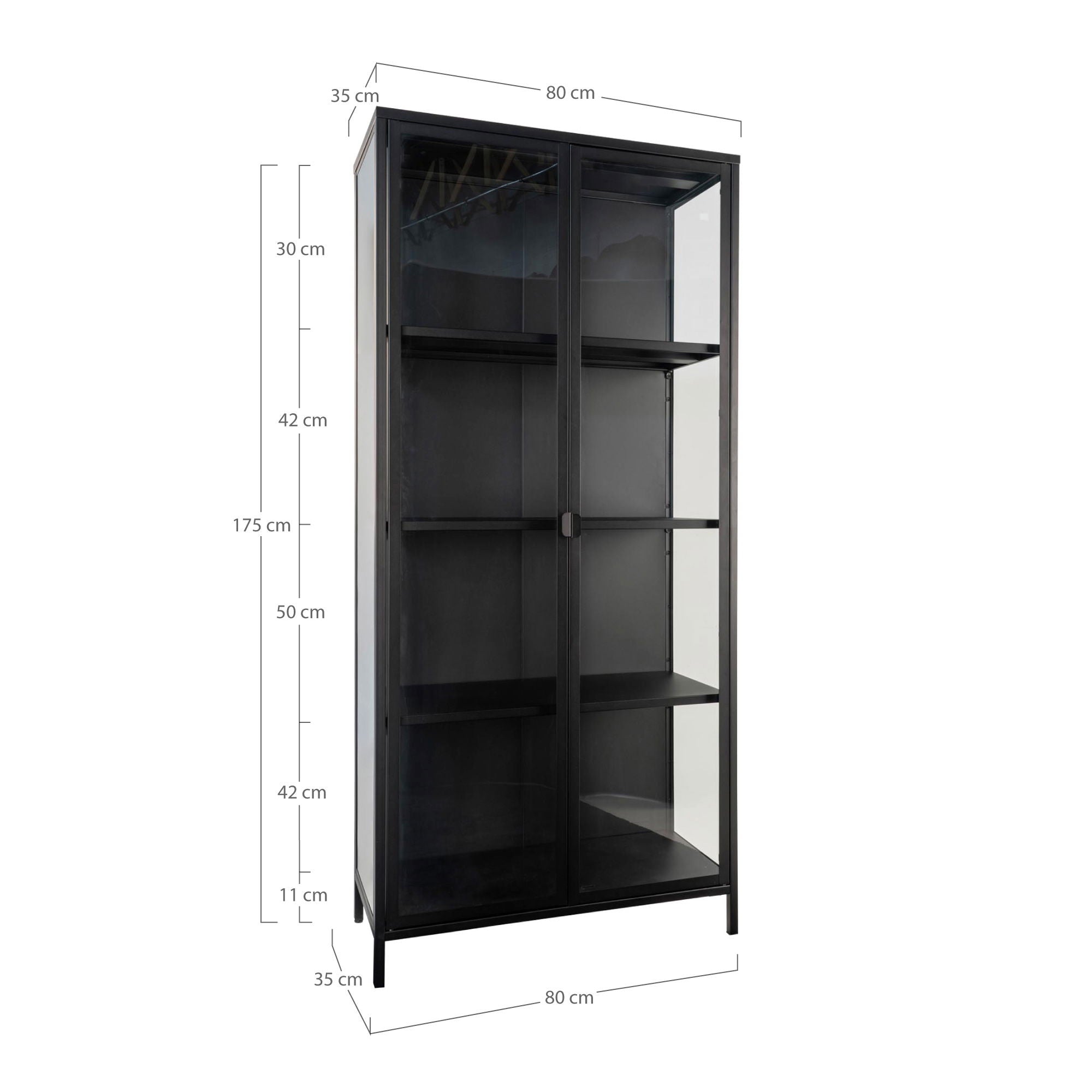 Brisbane – Vitrine mit 2 Glastüren, Stahl & Glas, Schwarz, 80 × 35 × 175 cm